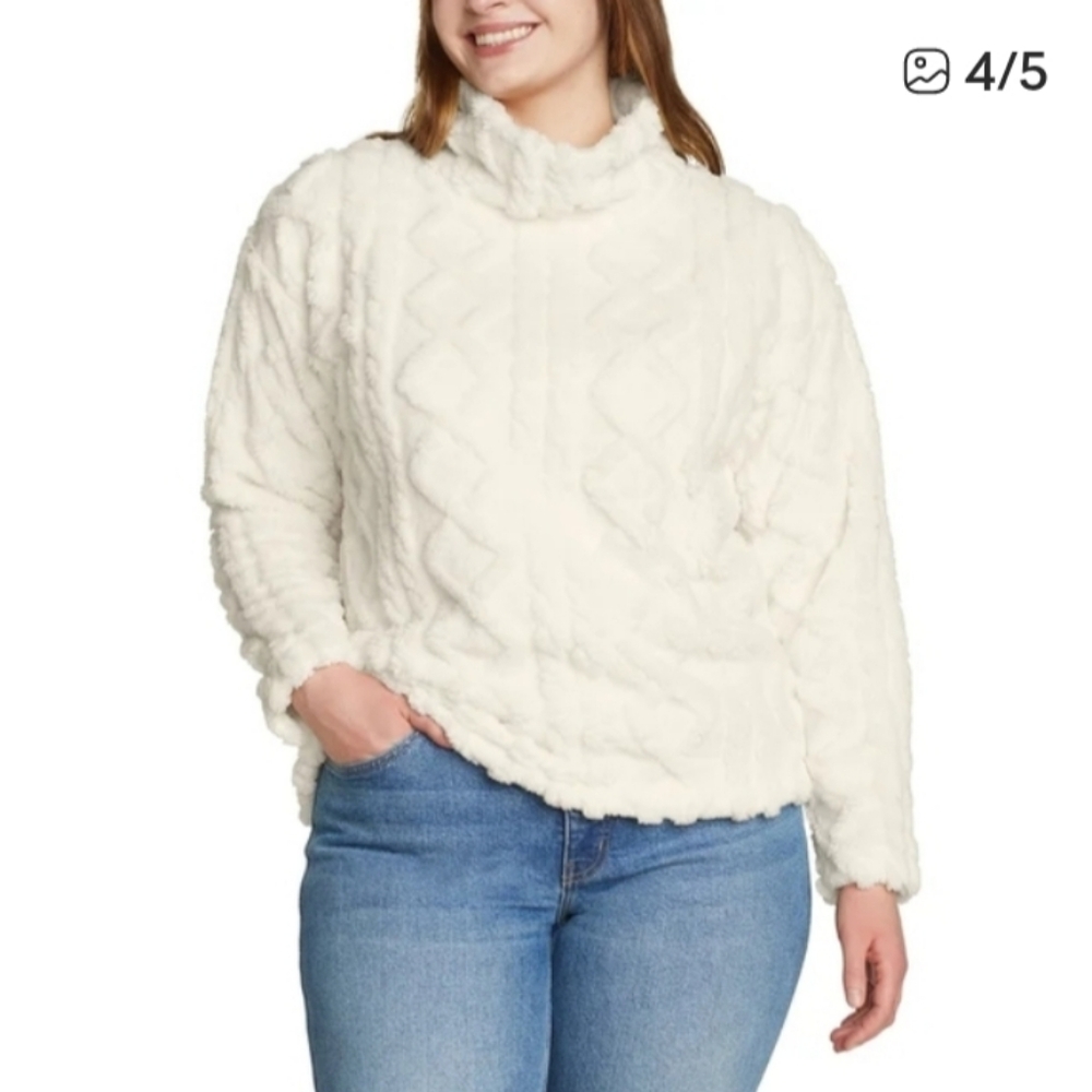 New Eddie Bauer Fuzzy Cable Fleece Pullover Sweater XXL Cream NWT